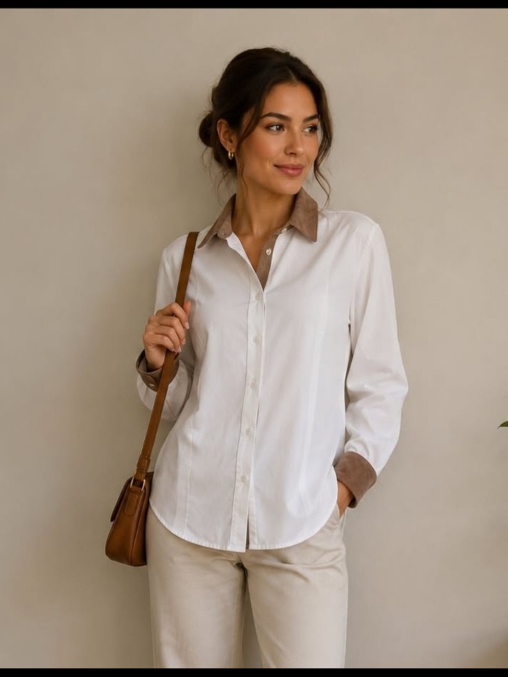 RIANI White Button-Down Shirt with Tan Contrast Collar and Cuffs